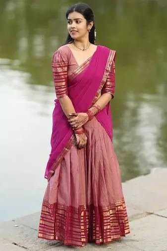 Dusty Rose Pink Kanjivaram Silk blend Half Saree with Traditional Gold Zari Weaving Work
