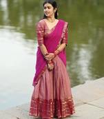 Dusty Rose Pink Kanjivaram Silk blend Half Saree with Traditional Gold Zari Weaving Work