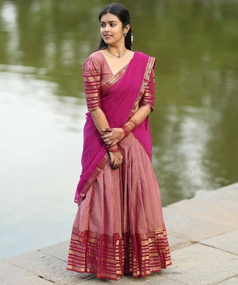 Dusty Rose Pink Kanjivaram Silk blend Half Saree with Traditional Gold Zari Weaving Work