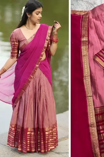 dusty rose pink kanjivaram silk half saree with gold zari work