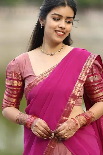dusty rose pink kanjivaram silk half saree with gold zari work