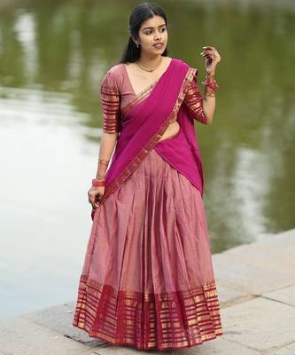 dusty rose pink kanjivaram silk half saree with gold zari work 4