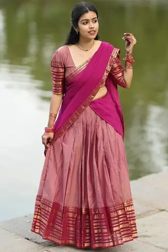 dusty rose pink kanjivaram silk half saree with gold zari work