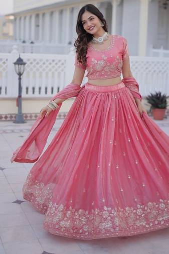 Pink Embroidery Zari Coding Sequins Work Lahenga Choli And Duptta