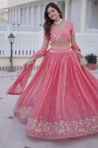 Pink Embroidery Zari Coding Sequins Work Lahenga Choli And Duptta