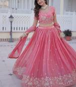 Pink Embroidery Zari Coding Sequins Work Lahenga Choli And Duptta