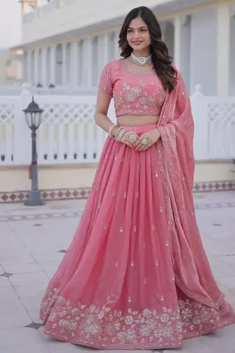 pink fendi silk lehenga choli with zari sequins embroidery work