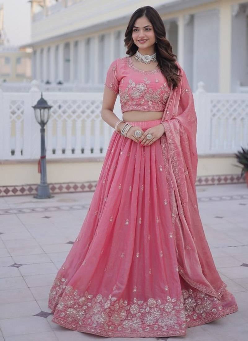Pink Embroidery Zari Coding Sequins Work Lahenga Choli And Duptta