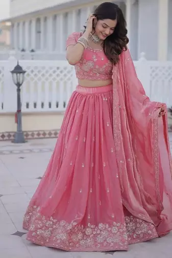 pink fendi silk lehenga choli with zari sequins embroidery work