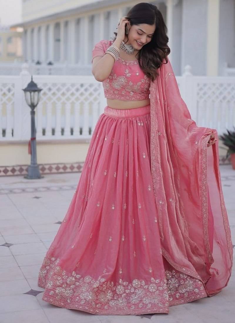 Pink Embroidery Zari Coding Sequins Work Lahenga Choli And Duptta