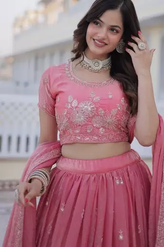 pink fendi silk lehenga choli with zari sequins embroidery work