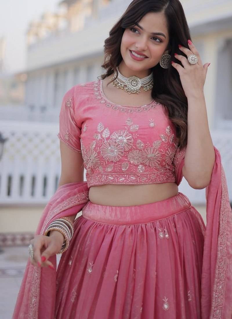 Pink Embroidery Zari Coding Sequins Work Lahenga Choli And Duptta