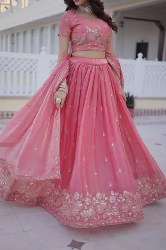 pink fendi silk lehenga choli with zari sequins embroidery work