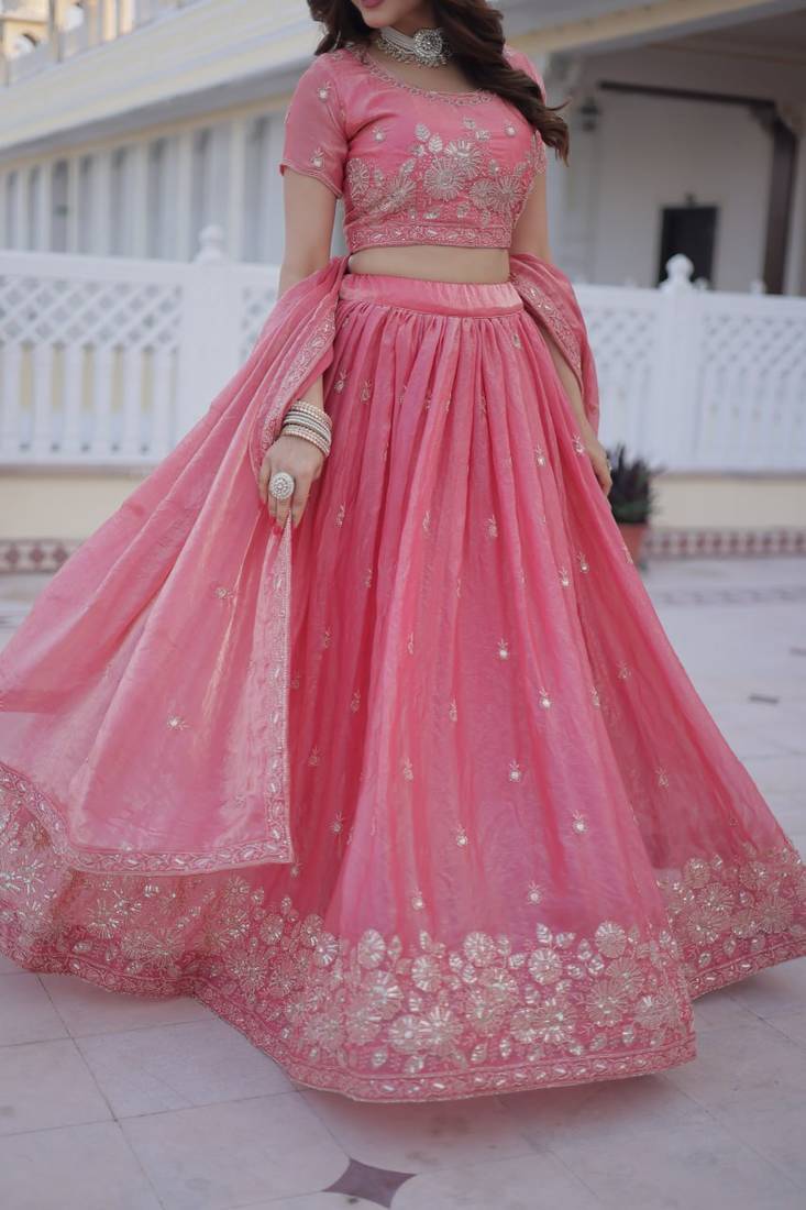 Pink Embroidery Zari Coding Sequins Work Lahenga Choli And Duptta