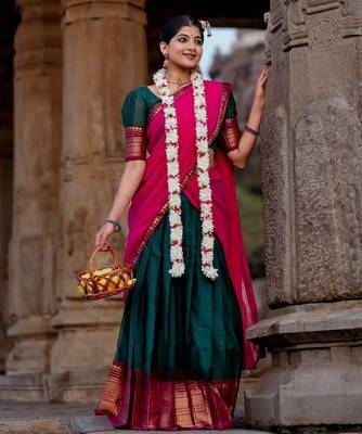 dark green kanjivaram silk half saree with gold zari weaving 1