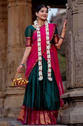 Dark Green Kanjivaram Silk blend Half Saree with Traditional Gold Zari Weaving Work