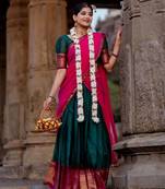 Dark Green Kanjivaram Silk blend Half Saree with Traditional Gold Zari Weaving Work
