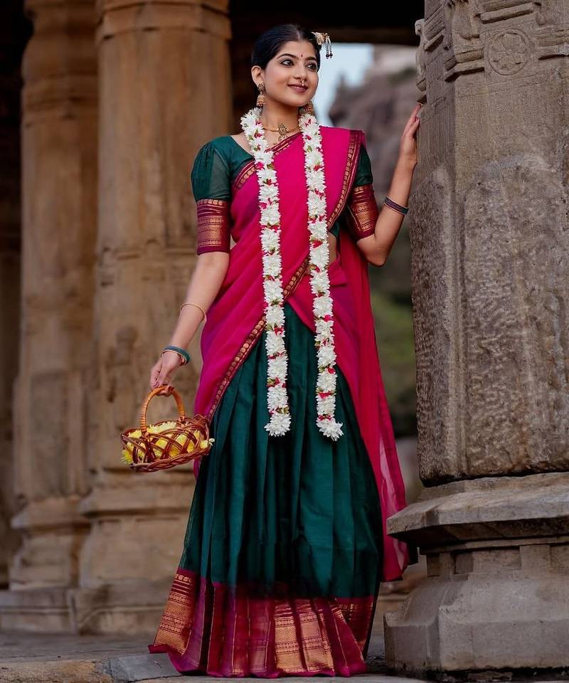Dark Green Kanjivaram Silk blend Half Saree with Traditional Gold Zari Weaving Work