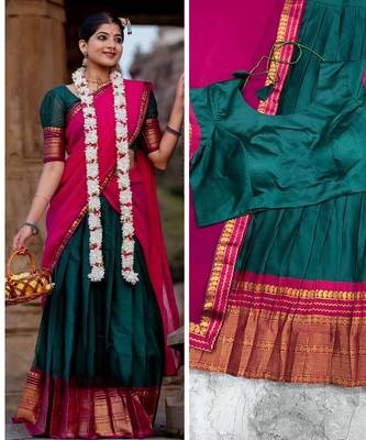 dark green kanjivaram silk half saree with gold zari weaving 2