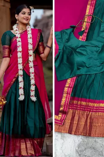 dark green kanjivaram silk half saree with gold zari weaving