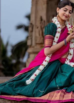 dark green kanjivaram silk half saree with gold zari weaving 4