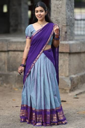 Powder Blue Kanjivaram Silk blend Half Saree with Traditional Gold Zari Weaving Work