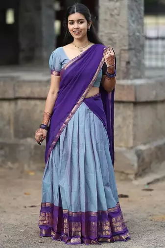 Powder Blue Kanjivaram Silk blend Half Saree with Traditional Gold Zari Weaving Work