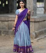 Powder Blue Kanjivaram Silk blend Half Saree with Traditional Gold Zari Weaving Work