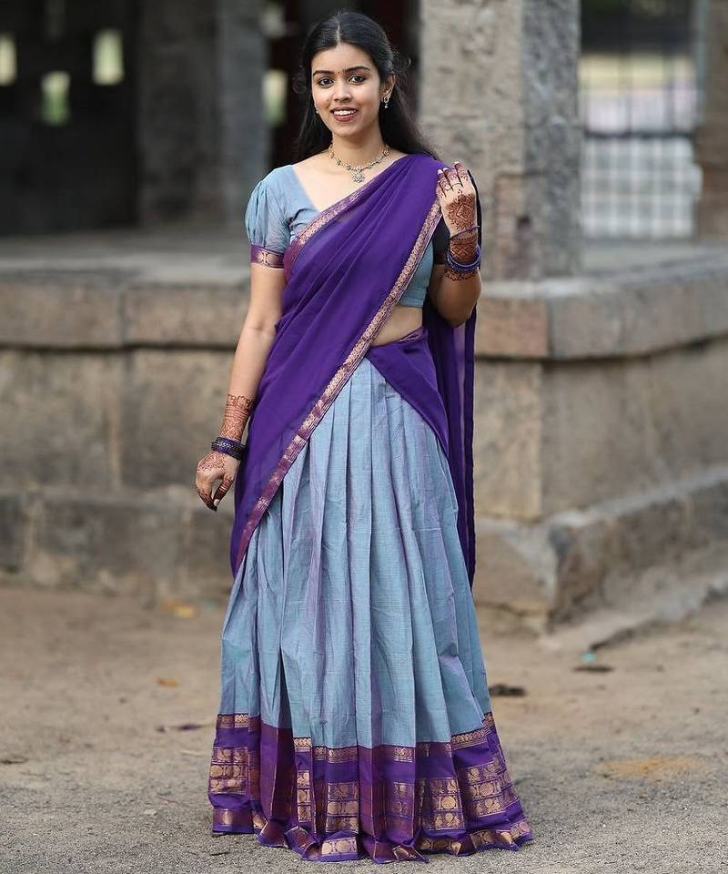 Powder Blue Kanjivaram Silk blend Half Saree with Traditional Gold Zari Weaving Work