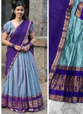 powder blue kanjivaram silk half saree with gold zari work 2