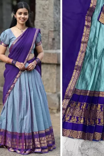powder blue kanjivaram silk half saree with gold zari work