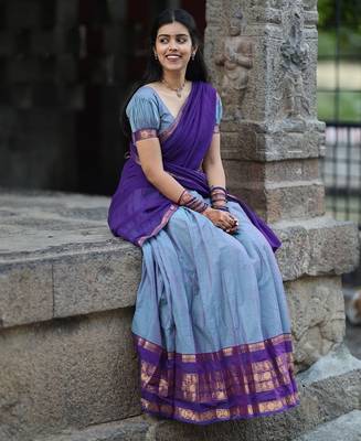 powder blue kanjivaram silk half saree with gold zari work 3