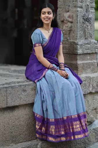 powder blue kanjivaram silk half saree with gold zari work