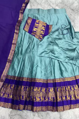 powder blue kanjivaram silk half saree with gold zari work
