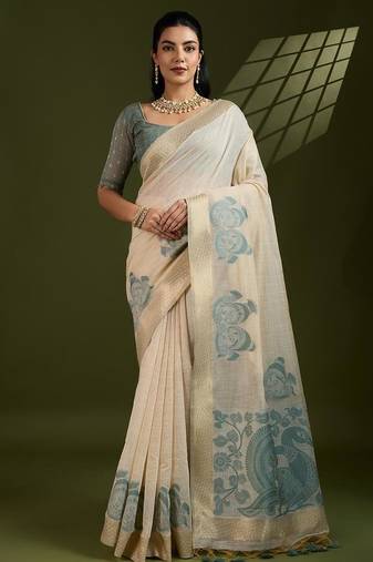 Off white & sky color muga cotton kalamkari resham woven saree