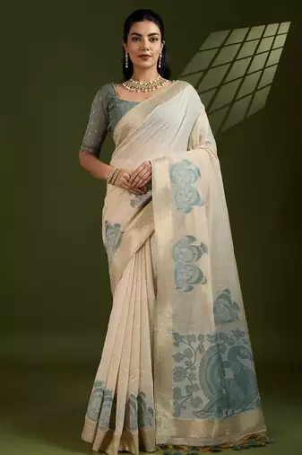 Off white & sky color muga cotton kalamkari resham woven saree
