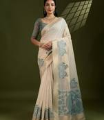 Off white & sky color muga cotton kalamkari resham woven saree