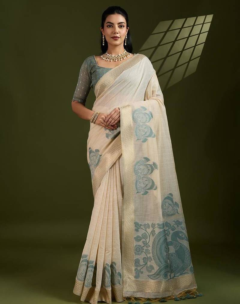Off white & sky color muga cotton kalamkari resham woven saree
