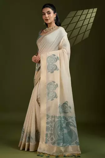 off white & sky muga cotton kalamkari resham woven saree