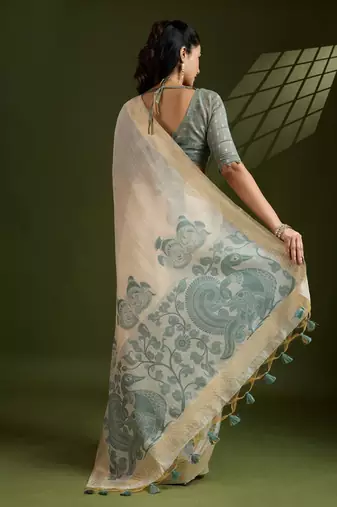 off white & sky muga cotton kalamkari resham woven saree