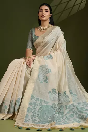 off white & sky muga cotton kalamkari resham woven saree