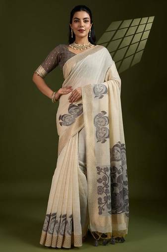 Off white & grey color muga cotton kalamkari resham woven saree