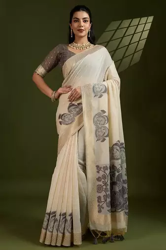 Off white & grey color muga cotton kalamkari resham woven saree