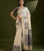 Off white & grey color muga cotton kalamkari resham woven saree