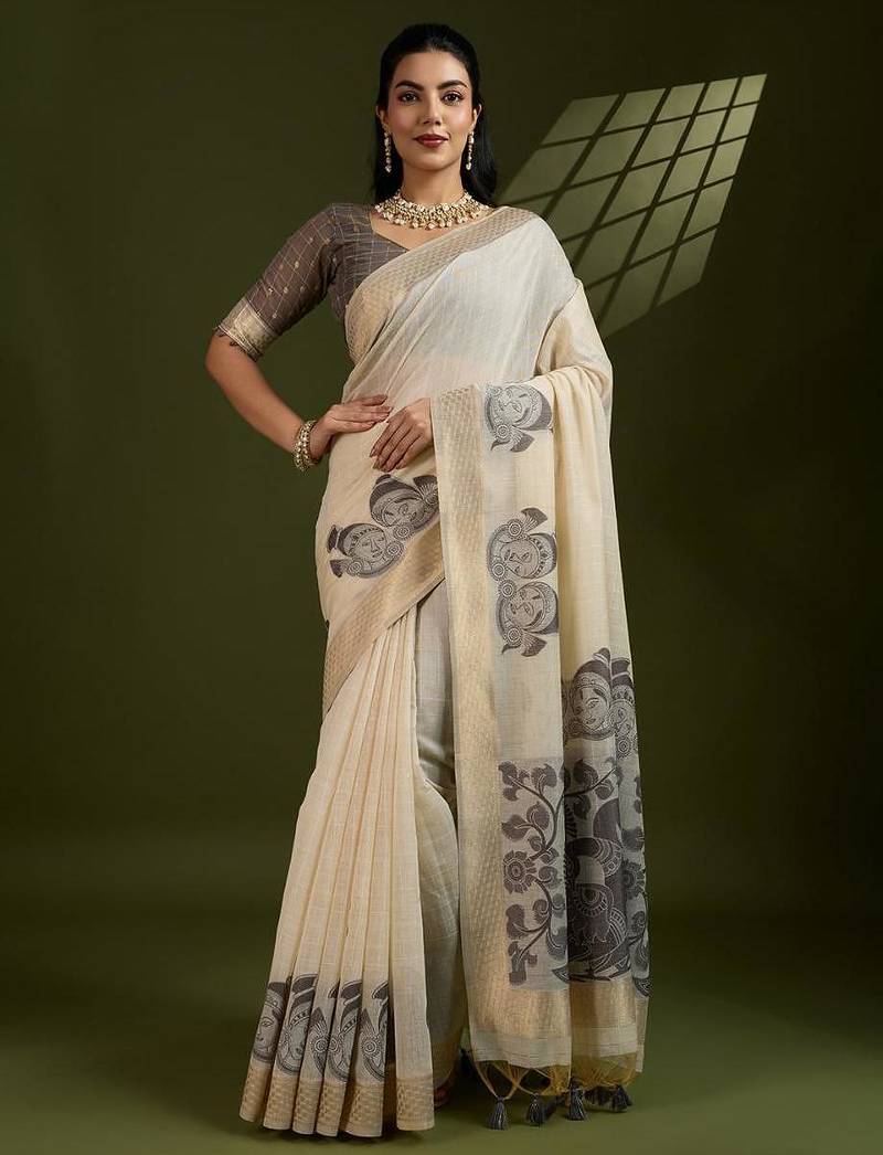 Off white & grey color muga cotton kalamkari resham woven saree