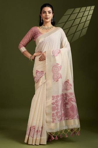 Off white & pink color muga cotton kalamkari resham woven saree