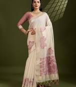 Off white & pink color muga cotton kalamkari resham woven saree