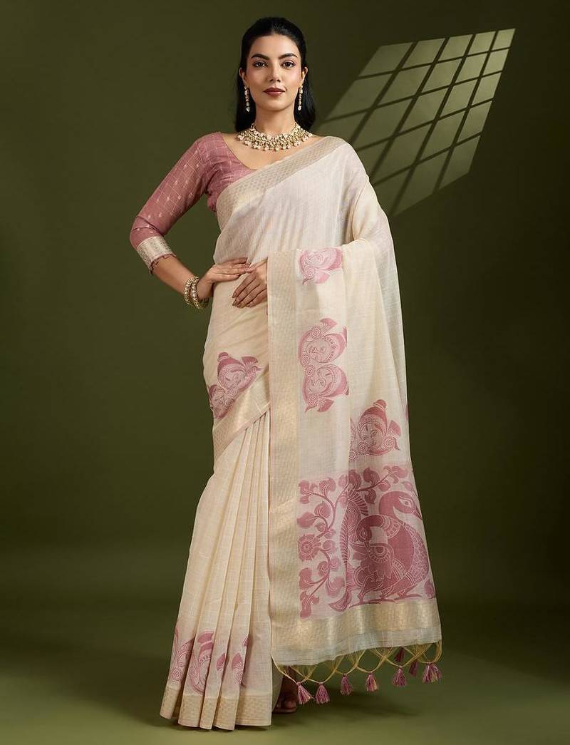 Off white & pink color muga cotton kalamkari resham woven saree