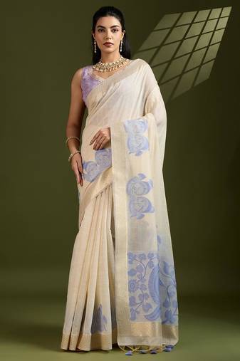 Off white & blue color muga cotton kalamkari resham woven saree