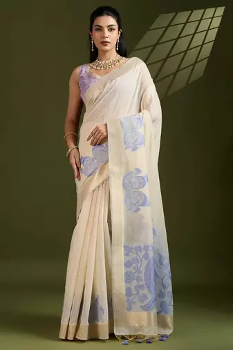 Off white & blue color muga cotton kalamkari resham woven saree